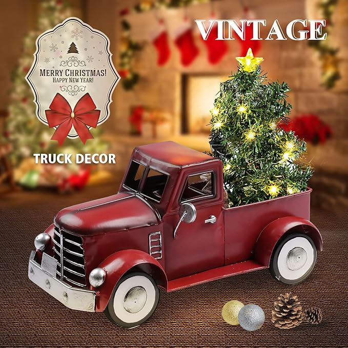 Red Truck Farmhouse Table Decor, Farm Metal Car Trucks Basket for Indoor and Outdoor, Vintage Pick-up Desktop Storage, Decorative Home Christmas Decorations