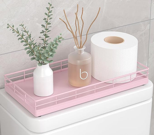 Toilet Tank Tray Organizer – Oak Wood Bathroom Counter Basket with Metal Frame, Back of Toilet or Tank Top Paper Holder Storage – Pink Modern Decor