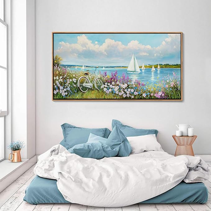 Coastal Wall Art Sailboat Beach Canvas Wall Decor Flower & Landscape Paintings Farmhouse Decor Blue Artwork for Living Room Bedroom Home Office Large Framed Ocean Pictures Wall Decor24×48IN