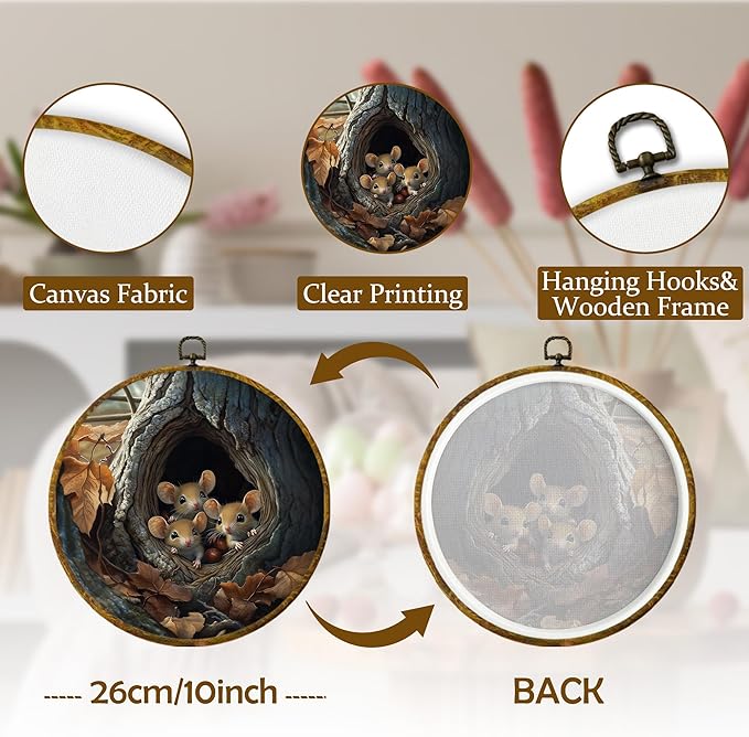 Mcehtle Fall Rat Wall Art Decor, Retro Cottagecore Autumn Mouse Maple Leaf Framed Canvas Prints 10x10, Rustic Country Animal Farmhouse Round Wall Hanging Artwork Decorations for Bedroom Living Room