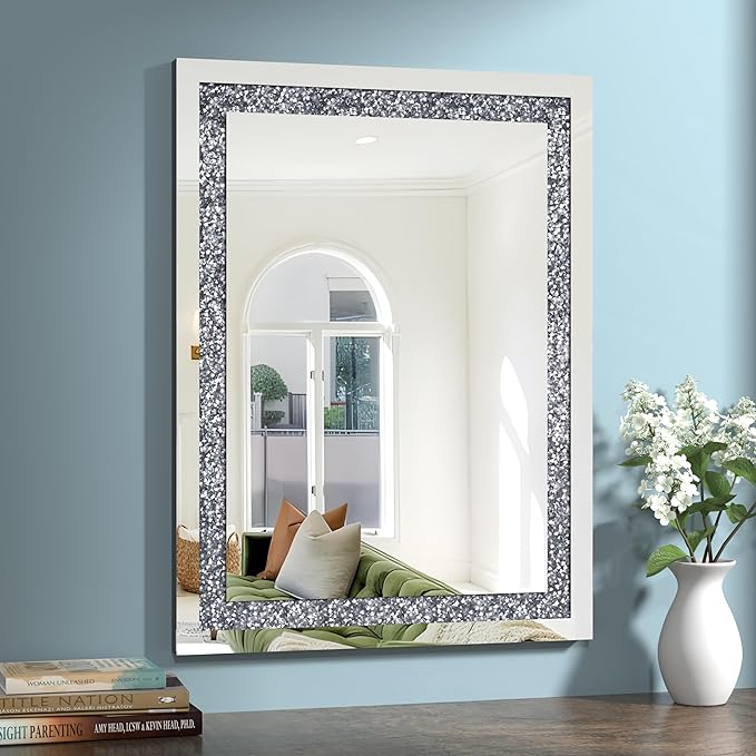 Crystal Crush Diamond Mirror-24x32Silver Mirror, Gorgeous Wall Mirror, Rectangle Mirrors for Wall Bathroom, Bedroom, Dining Room and Living Room