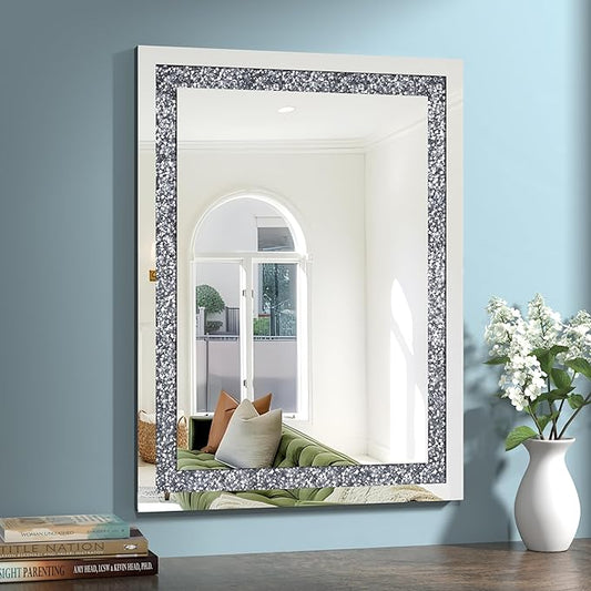 Crystal Crush Diamond Mirror-24x32Silver Mirror, Gorgeous Wall Mirror, Rectangle Mirrors for Wall Bathroom, Bedroom, Dining Room and Living Room