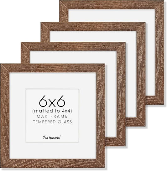 6x6 Picture Frames, Solid White Oak Wood Frame 6 x 6 with Stand for Wall & Tabletop Display, Rustic Wooden Photo Frame 6 by 6 with Real Glass, 6x6 Frame Matted to 4x4, Walnut Color, Set of 4