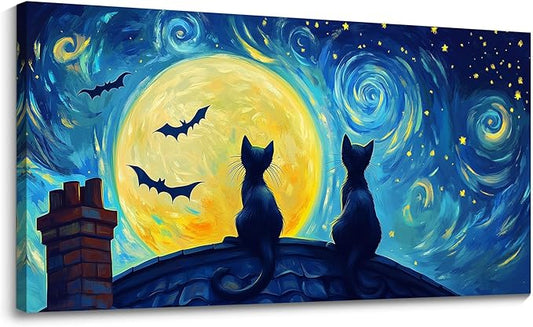 CHATYOUNG Large Living Room Wall Art, Abstract Starry Night Cat Animal Canvas Prints Dark Blue Wall Pictures Ready to Hang Bedroom Kitchen Hallway Home Office Artwork Painting Decor 29x58 IN