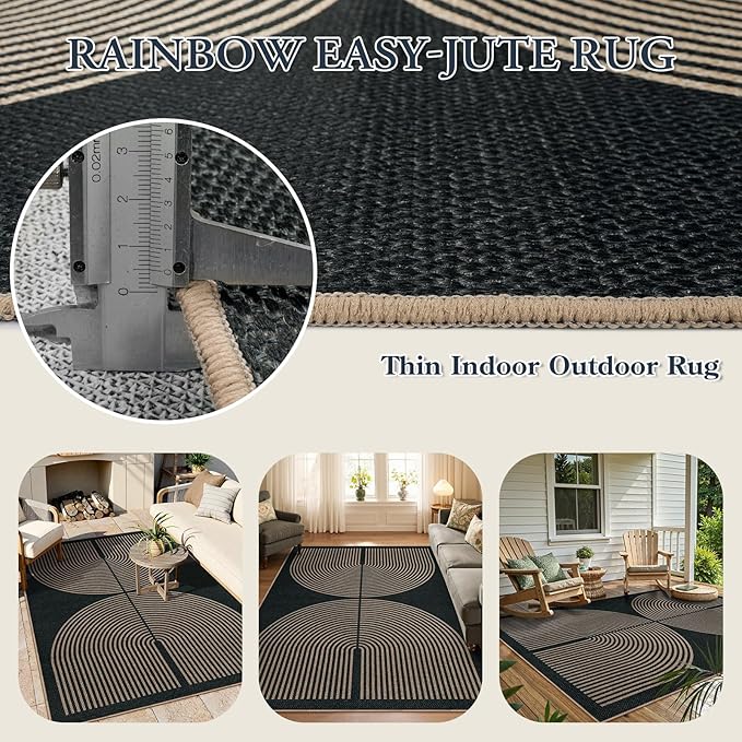 Lahome Modern Rainbow Easy Jute Carpet, Washable 5x7 Area Rugs for Living Room Patio Black Farmhouse Indoor Outdoor Rugs, Contemporary Natural Non Slip Floor Carpet for Office RV Backyard