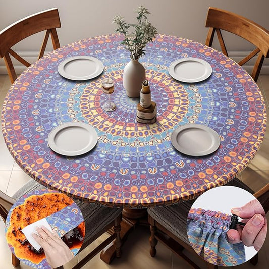 Fitted Round Tablecloth Small Bohemian Vinyl Patio Table Cloths for 45-54" Tables Travel Vacation Camper Accessories Living Room New HomeHouse Decorations Outdoor Road Trip Must Haves