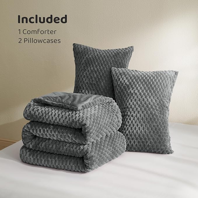Petrichor Fluffy Twin Comforter Set - Ultra-Soft Gray Flannel Thick Comforter for Queen Bed, Luxury Warm Bedding Set for Winter & Fall, Cozy Fuzzy Bed Set 2 Pieces (1 Comforter & 1 Pillowcase)
