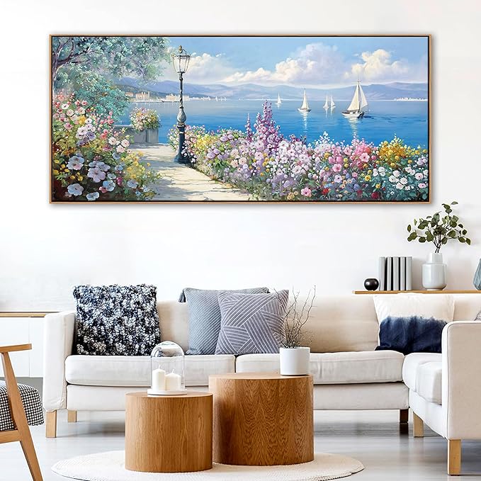 YCPRIMER Extra Large Coastal Wall Art - Sailboat Pictures Ocean Canvas Wall Decor Flowers Paintings Landscape Yellow Artwork Modern Seascape Nautical Decoration Framed for Living Room Bedroom Home Office Decor Size 70x31Inches