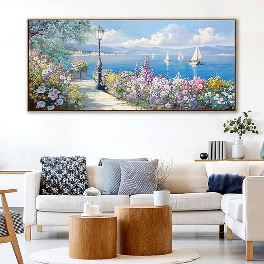 YCPRIMER Extra Large Coastal Wall Art - Sailboat Pictures Ocean Canvas Wall Decor Flowers Paintings Landscape Yellow Artwork Modern Seascape Nautical Decoration Framed for Living Room Bedroom Home Office Decor Size 70x31Inches