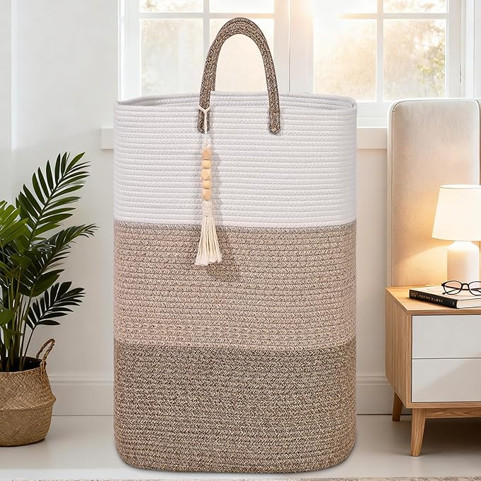 Woven Laundry Basket for Clothes,65 L Large Rectangle Laundry Hampers with Beads Tassel, Nursery Storage Basket for Toys, Tall Dirty Clothes Hamper for Bedroom Aesthetic, Laundry Room Organization