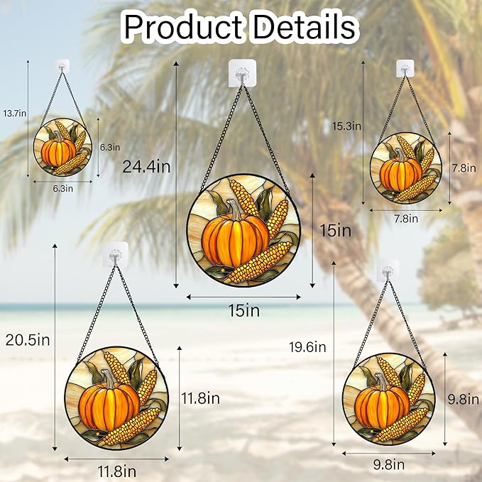 Stained Glass Window Hanging Autumn Harvest Pumpkin Corn Large 11.8" - Suncatcher Door Garden Kitchen Sunroom Sun Catcher Fall Home Decor Birthday for Mom Grandma Men Woman