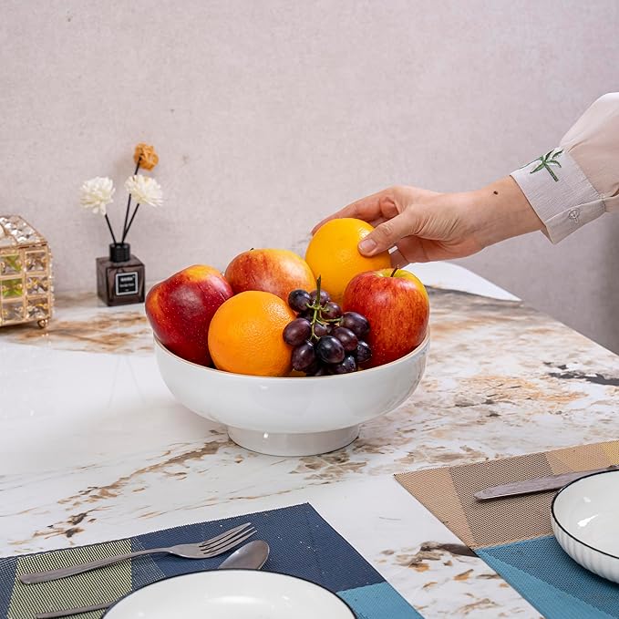 PEMAR 10" Lacquer Bamboo Fruit Bowl for Kitchen Counter, Handmade Large Decorative Pedestal Bowl for Entryway Table Home Decor, Key Bread Candy Snacks Organizer (White Cream)