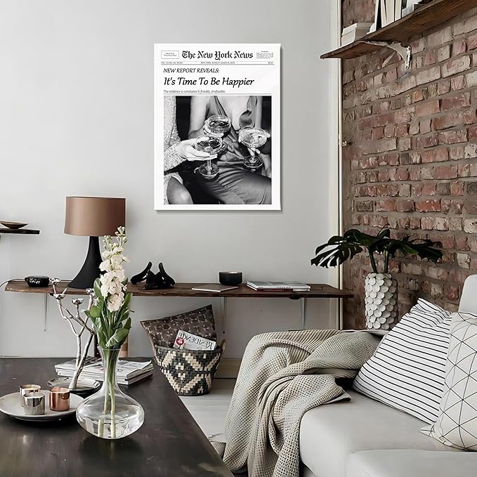 Trendy Wall Art Black and White Newspaper Poster Time To Be Happier Champagne Toast Canvas Wall Decor Retro News paper Style Home Decor for Living Room Home Dorm Alcohol Artwork for Gift 8x10 Framed