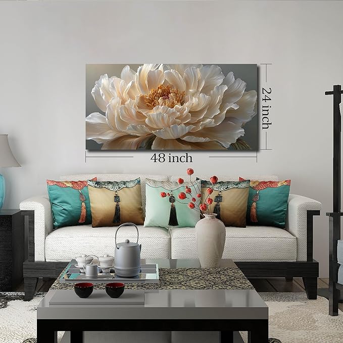 Large Floral Canvas Wall Decor for Bedroom Living Room Office Light Yellow Wall Art Flower Picture Art White Peony Modern Artwork Posters 24"x48"