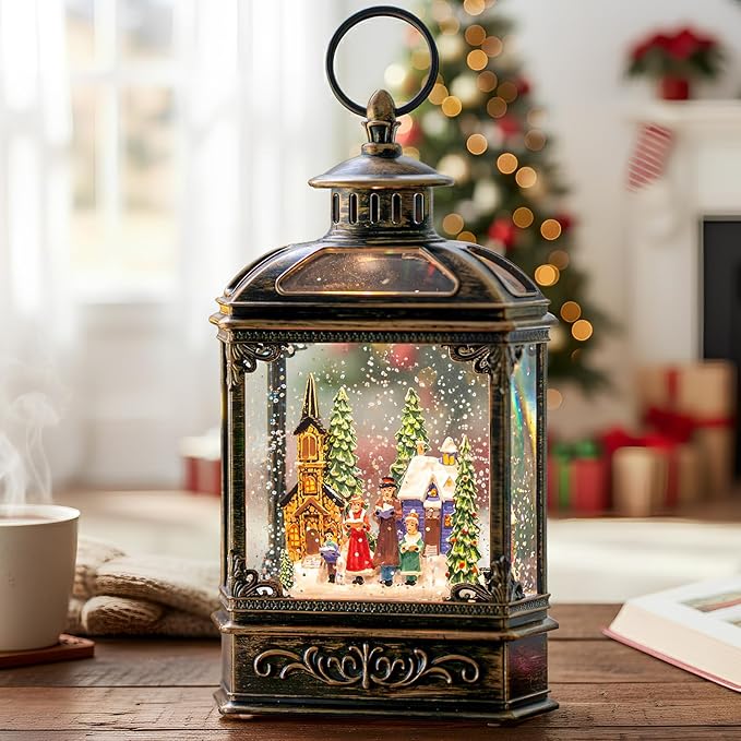 Christmas Snow Globe Lantern Water Glittering Town Home with Carolers, Music & Timer, USB Lined/Battery Operated Lighted Lantern for Christmas Festival Decoration Gifts