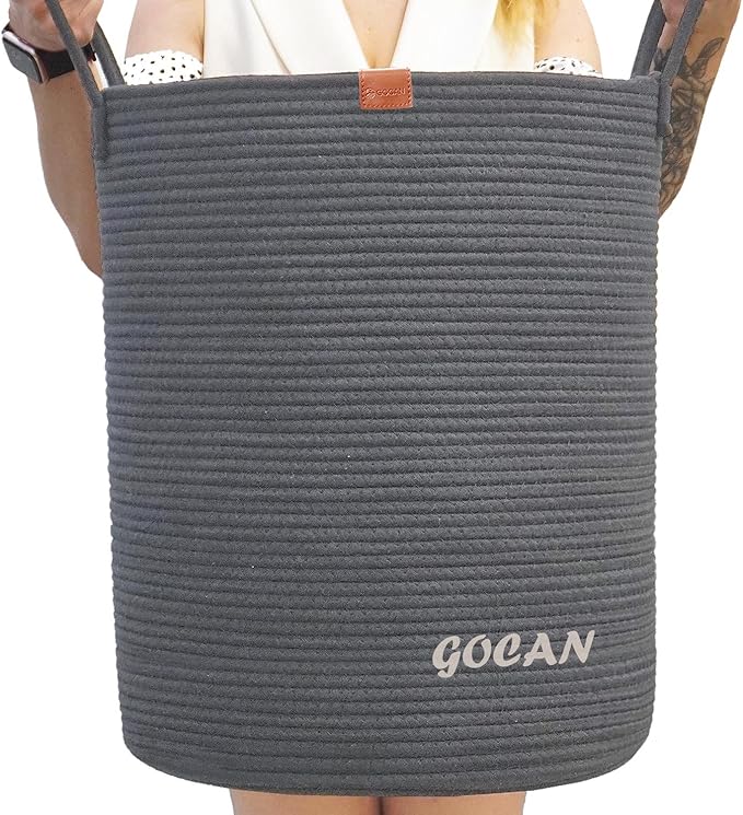 large tall sturdier Laundry Hamper Basket Woven Storage Baskets for clothes Pillows Blanket Toy in living or bed room decoration H50XD38cm darkgrey