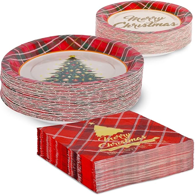 Gatherfun Christmas Party Supplies Christmas Tree Red Plaid Disposable Paper Dinner Plates Dessert Plates and Napkins for Party decorations, Serve 50
