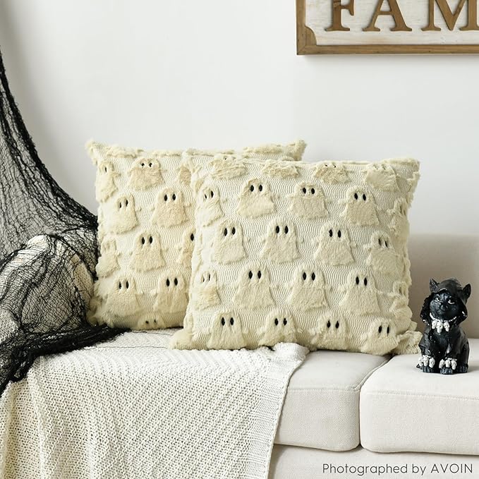 AVOIN colorlife Halloween Ghost Beige Throw Pillow Cover Set of 2, 20 x 20 Inch Soft Plush Faux Fur Jacquard Spooky Cushion Case Decoration for Sofa Couch