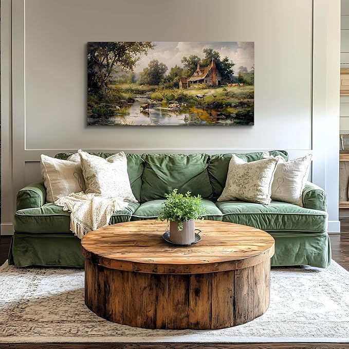 crmotu Large Wall Art for Living Room, Farm Landscape Canvas Painting, Riverside Forest Cottage Scenery Art Prints, Animal Cow Sheep Modern Farmhouse Bedroom Bathroom Pictures Wall Decor 24"X48"