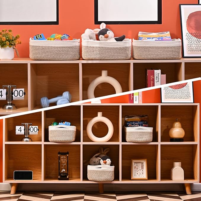 Small Baskets for Organizing, Decorative Storage Baskets for Shelves, Storage Bins, Woven Baskets for Storage, Mini Basket for Nursery, 13"×8.5"×5.1" (3 Packs) Off White & Brown