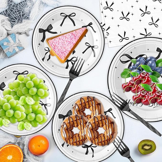 180Pcs Black Bow Birthday Party Supplies Paper Plates and Napkins Serve 60 Disposable Tableware Set for Birthday Party Decorations Game Day Family School Holiday Sports Events