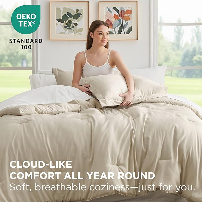 Bedsure Twin Comforter Set - 5 Pieces Beige Twin Bedding Set for All Seasons, Boho Contrasting Design Bed in a Bag with Comforter, Sheets, Pillowcase & Sham