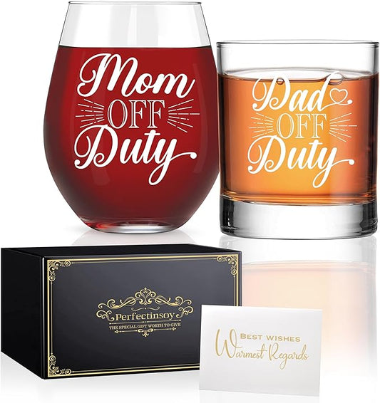 Perfectinsoy Dad Off Duty Whiskey Glasses and Mom Off Duty Red Wine Glasses Gift Set, Wine Glass Gifts for New Parents, Anniversary Birthday Gifts for Mom and Dad Couples Soul Mate Friends