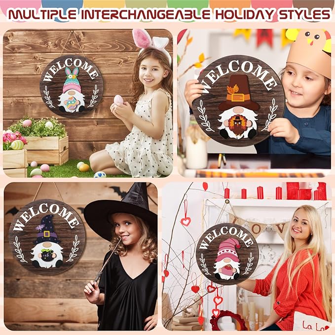 Qunclay Interchangeable Wooden Gnome Decor Holiday Seasonal Gnome Decorations with Magnet Pieces and Detachable Hats Changeable Welcome Sign for Home(Attractive Style)