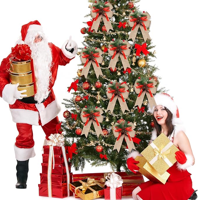 Syhood 6 Pcs Christmas Bows with Pine Cones Pine Needles Xmas Flaxen Bows Ribbon Christmas Tree Wreath Decoration for Xmas Parties Indoor Outdoor Crafts DIY Decor