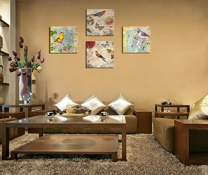 Flowers Birds Canvas Wall Art for Bedroom Floral Wall Decor Butterfly Picture Framed Artwork Vintage Prints Paintings for Bathroom Kitchen Decorations