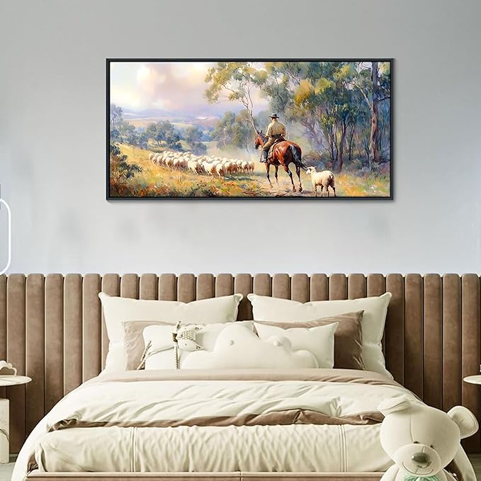 JEAWA Framed Canvas Wall Art - 20x40 IN Western Shepherding Landscape Painting, Country Picture with Trees, sheeps and Fine Horse, Shepherd Art Prints for Bedroom Bathroom Home Decoration