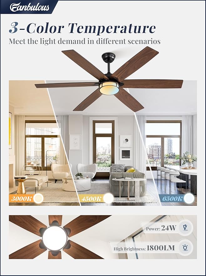 60 Inch Ceiling Fans with Lights, Farmhouse Large Ceiling Fans with Remote, Black&Brown Modern Ceiling Fan with LED Light, Quiet DC Motor for Living Room, Bedroom, Kitchen, Indoor
