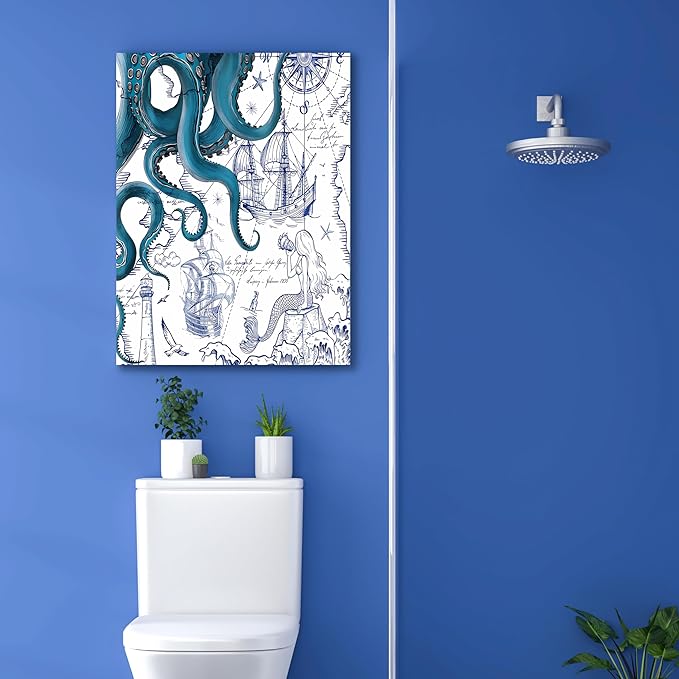 Nautical Ocean Wall Art, Coastal Canvas Print with Octopus and Ships, Blue Marine Life Artwork Decor for Bathroom, Coastal Bedroom, Living Room or Beach House 12 x 16 inches