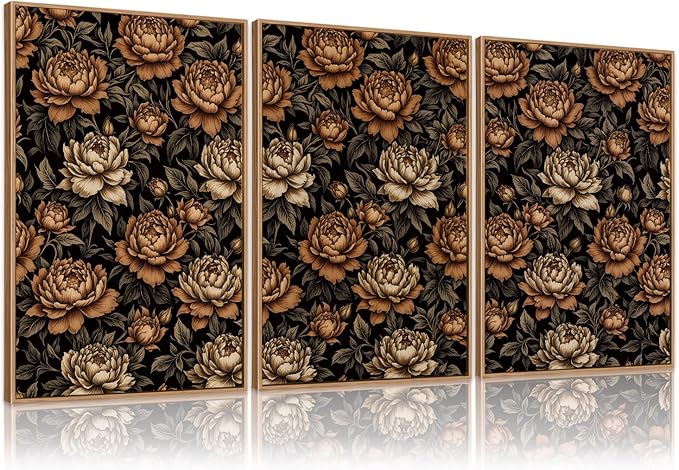 KAIRNE Vintage Floral Wall Art Set of 3, Mid Century Flower Framed Canvas Prints, Boho Peony Botanical Artwork, Modern brown Luxury Decor for Living Room Bedroom Office, 16×24inch