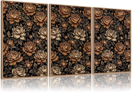 KAIRNE Vintage Floral Wall Art Set of 3, Mid Century Flower Framed Canvas Prints, Boho Peony Botanical Artwork, Modern brown Luxury Decor for Living Room Bedroom Office, 16×24inch