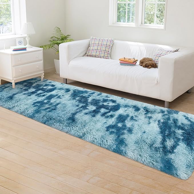 Super Soft Fluffy Living Room Area Rug 2x8 ft Tie-Dyed Light Blue Shaggy Furry Carpet Washable Non-Slip Floor Rugs Bedroom Bedside Nursery Rug Fuzzy Girls Boy Dorm Home Decor Aesthetic