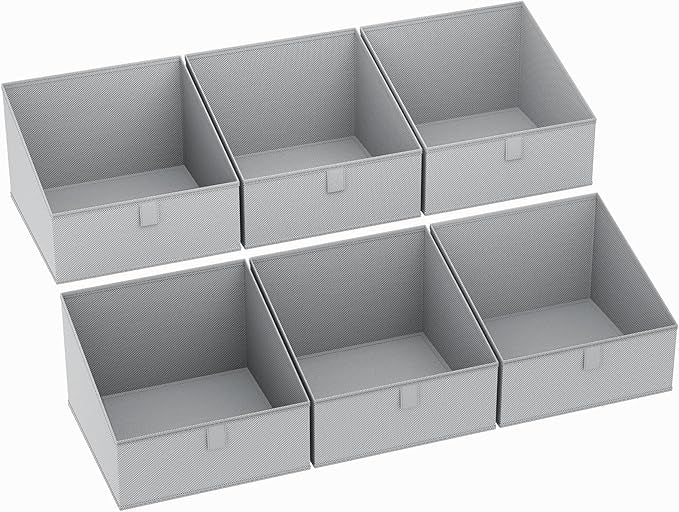 DIMJ Storage Bins for Closet, Trapezoid Storage Bins with Front Handle, Fabric Storage Baskets for Shelves, Line Closet Organizers for Toys, Boooks, Clothes, 6 Packs (Grey)