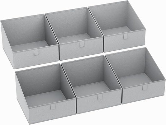 DIMJ Storage Bins for Closet, Trapezoid Storage Bins with Front Handle, Fabric Storage Baskets for Shelves, Line Closet Organizers for Toys, Boooks, Clothes, 6 Packs (Grey)