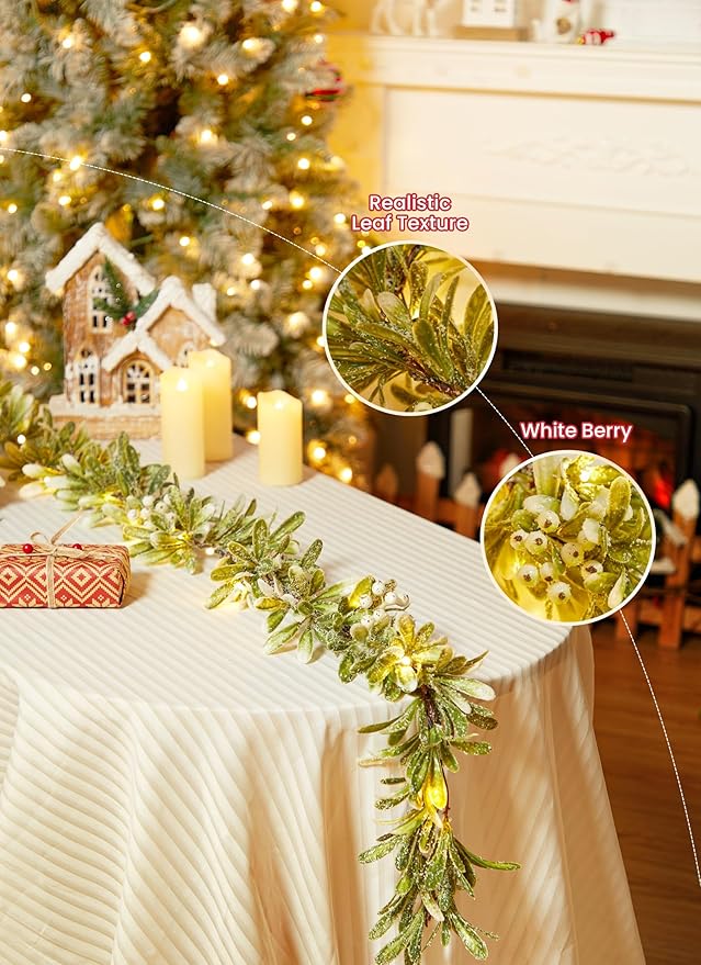 Brightown Pre-lit Christmas Garland with Lights, Battery Operated, 6Ft 20 LED Lighted Olive Greenery Garland Decorated with Snowflakes, Indoor Outdoor Christmas Lights for Mantle Stairs Wall, 2 Pack
