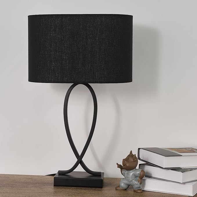 Modern Eye Protection Bedside Table Lamp, 11 x 7 x 19 Inch Farmhouse Table Lamps, Black Metal Base Table Lamp for Bedrooms and Office (Black Fabric Lampshade)