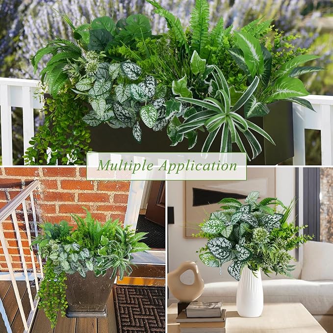 GTIDEA 19Pcs Outdoor Artificial Plants UV Resistant Fake Shrubs Bushes Plastic Greenery, Faux Plants for Outside Indoor Hanging Plants Garden Porch Window Box Home Wedding Farmhouse Décor