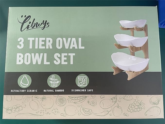 SEVEN SPARTA Fruit Bowl for Kitchen Counter - 3 Tier Ceramic Serving Bowls with Bamboo Stand, Tiered Fruit Basket for Fruit Vegetable Storage, Cake, Dessert, Nuts, Snack, Salad (Dishwasher safe)