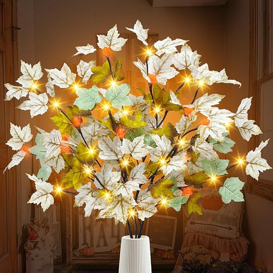 3 Pack Artificial Fall Maple Leaves Stems with 15 Acorn 60 LED Lights Battery Operated Lighted Autumn Maple Branches for Vases Fall Home Thanksgiving Table Decoration