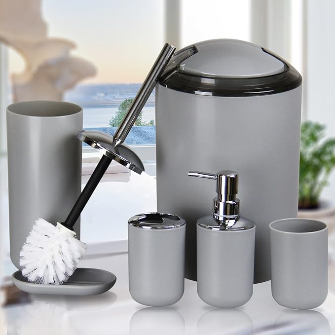 IMAVO Bathroom Accessories Set,Grey Bathroom Set,7 Pieces Bathroom Accessory Set,Tray,Toilet Brush,Trash Can for Bathroom Décor and Housewarming Gifts