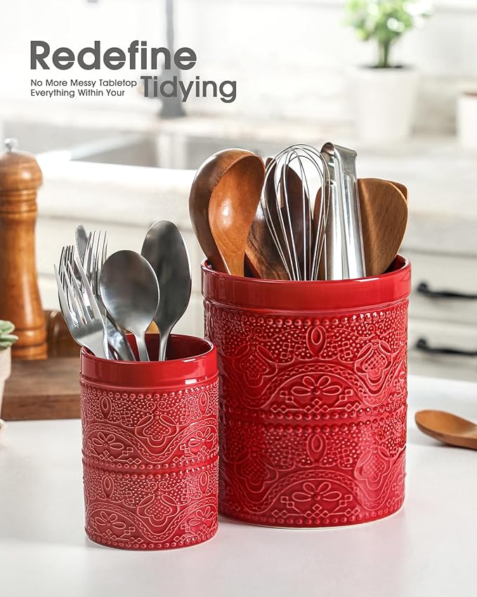 FUN ELEMENTS Kitchen Utensil Holder, 7.2+5.5" Super Large Utensil Crock Heavy and Stable Lace Emboss Ceramic Utensil Holder for Kitchen Counter (2Pcs Christmas Red)
