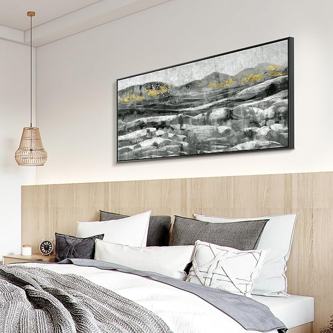 Black Framed Wall Art for Living Room Abstract Mountain & Sea Nature Landscape White Ocean Waves Picture Modern Minimalist Textured Seascape Painting Coastal Canvas Print Neutral Artwork 24x48inch