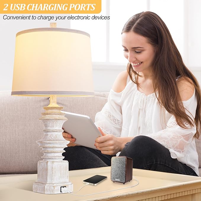 QiMH Table Lamps for Nightstand Set of 2, Bedside Lamp with Dual USB Charging Ports, Farmhouse Decor Table Lamps with White Linen Lampshade for Living Room, Bedroom Lamps with LED Bulbs, White