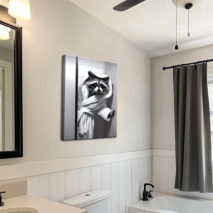 Funny Bathroom Wall Decor, Black and White Raccoon Canvas Wall Art, Humor Animal Decor Raccoon in a bathrobe Picture Prints for Restroom Bathroom 12x16 inch Framed