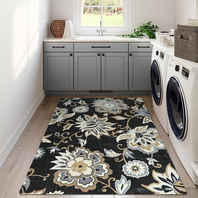 Lahome Floral Black 4x6 Washable Non-Slip Ultra-Thin Soft Accent Stain Resistant Indoor Area Rug - Paisley Print, Carpet for Bedroom, Living Room, Entryway, Kitchen, Laundry