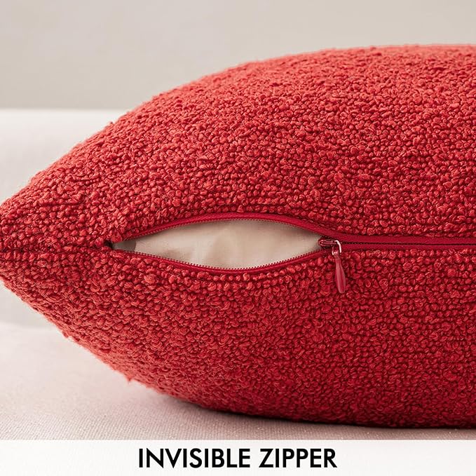 MIULEE 12x20 Inch Decorative Lumbar Throw Pillows for Bed Set of 2 Textured Boucle Neutral Throw Pillow Covers Red Accent Solid Pillowcase Cozy Soft Sofa Livingroom Home Decor